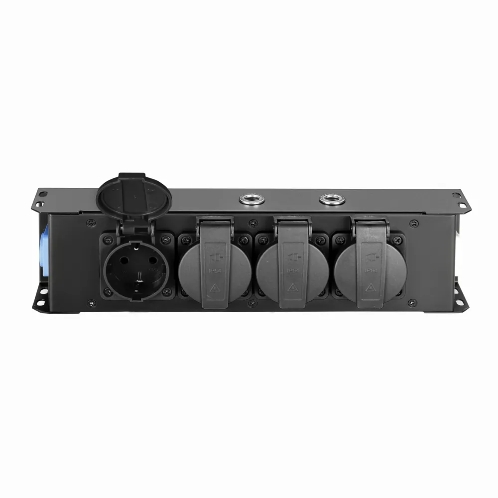 Adam Hall Cables PRO PORT 4 - Stromverteiler 4 x Schukobuchse IP54 | PowerIn BLU & PowerOut GREY