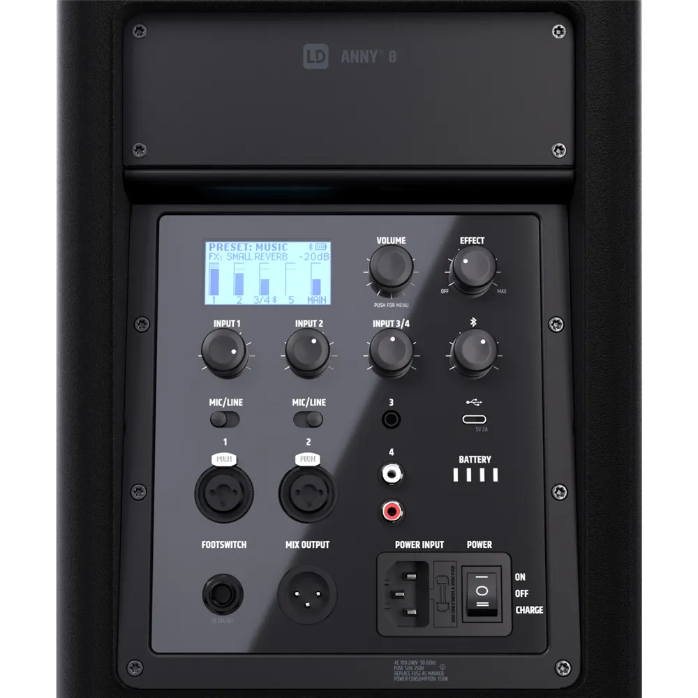 LD Systems ANNY® 8 - Tragbarer Bluetooth® PA-Lautsprecher mit Akku und Mixer, Stage Black