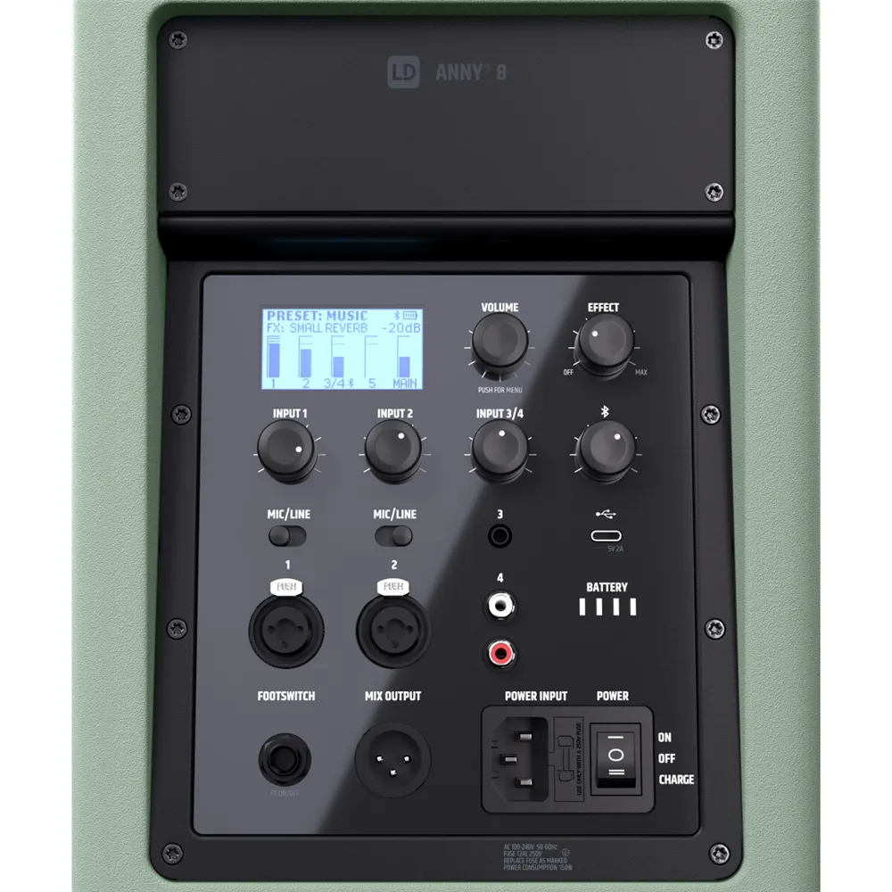 LD Systems ANNY® 8 GN - Tragbarer Bluetooth® PA-Lautsprecher mit Akku und Mixer, Adventure Green
