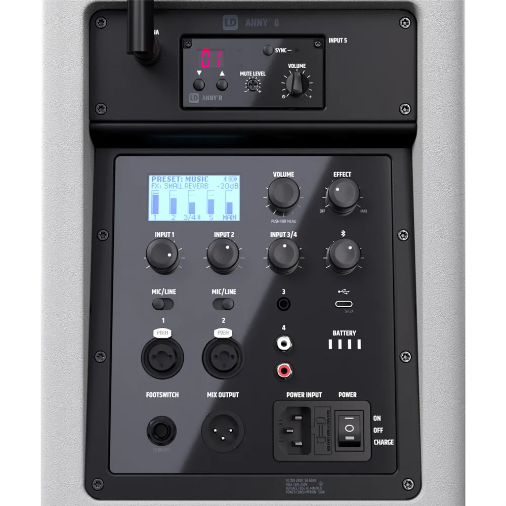 LD Systems ANNY® 8 HHD B8 W - Tragbarer Bluetooth® PA-Lautsprecher mit Akku, Mixer und 1x Funkmikrofon, Pure White
