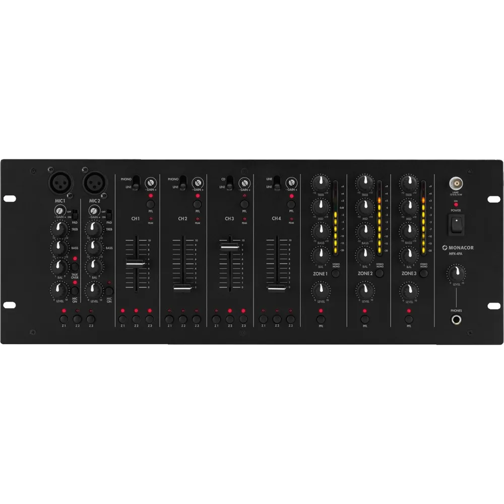 MONACOR 6-Kanal Stereo Mischpult 3 Zonen 2xMik 4xAudio