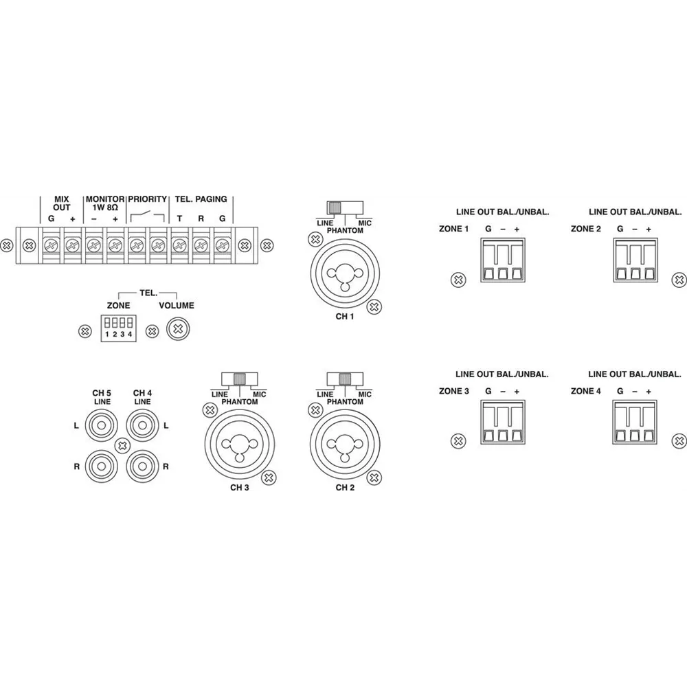 MONACOR 5-Kanal-Mischpult fuer 4 Zonen Notstrom