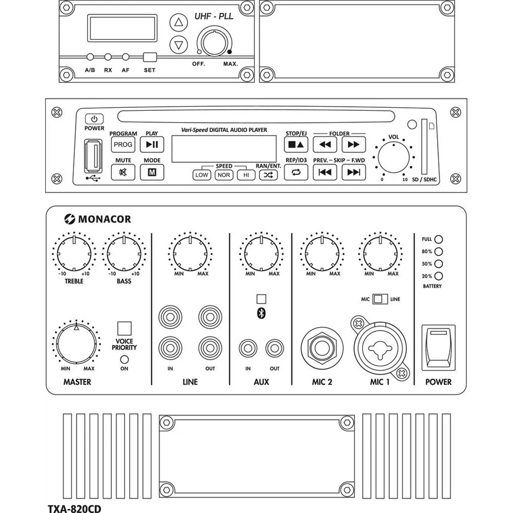 MONACOR Verstaerkersystem, 50 Wrms, CD/BT/MP3/USB/SD