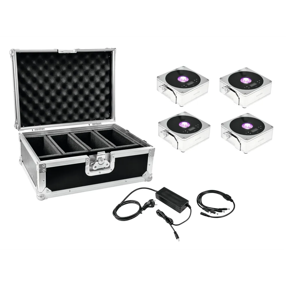 EUROLITE Set 4x AKKU IP Flat Light 1 chrom + Case + Ladegerät