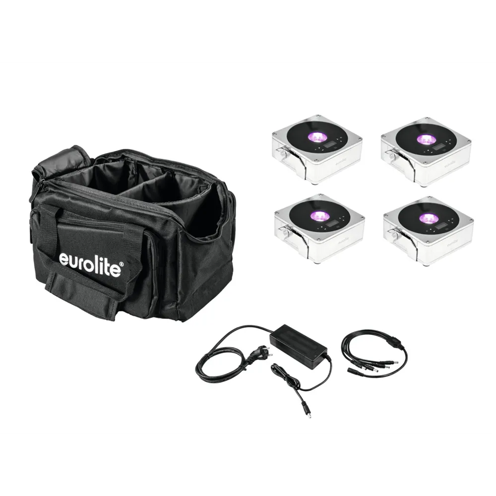 EUROLITE Set 4x AKKU IP Flat Light 1 chrom + Soft-Bag + Ladegerät